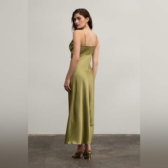 89. Satin Rosette Sleeveless Maxi Dress in Kiwi - Picture 2 of 4